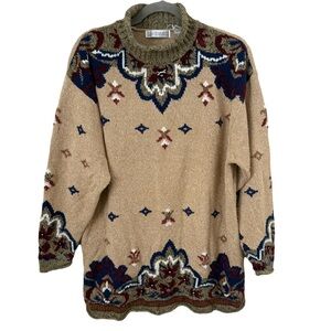 Vintage 90s Boho Western Roll Neck‎ Silk Blend Tan Blue Sweater Large